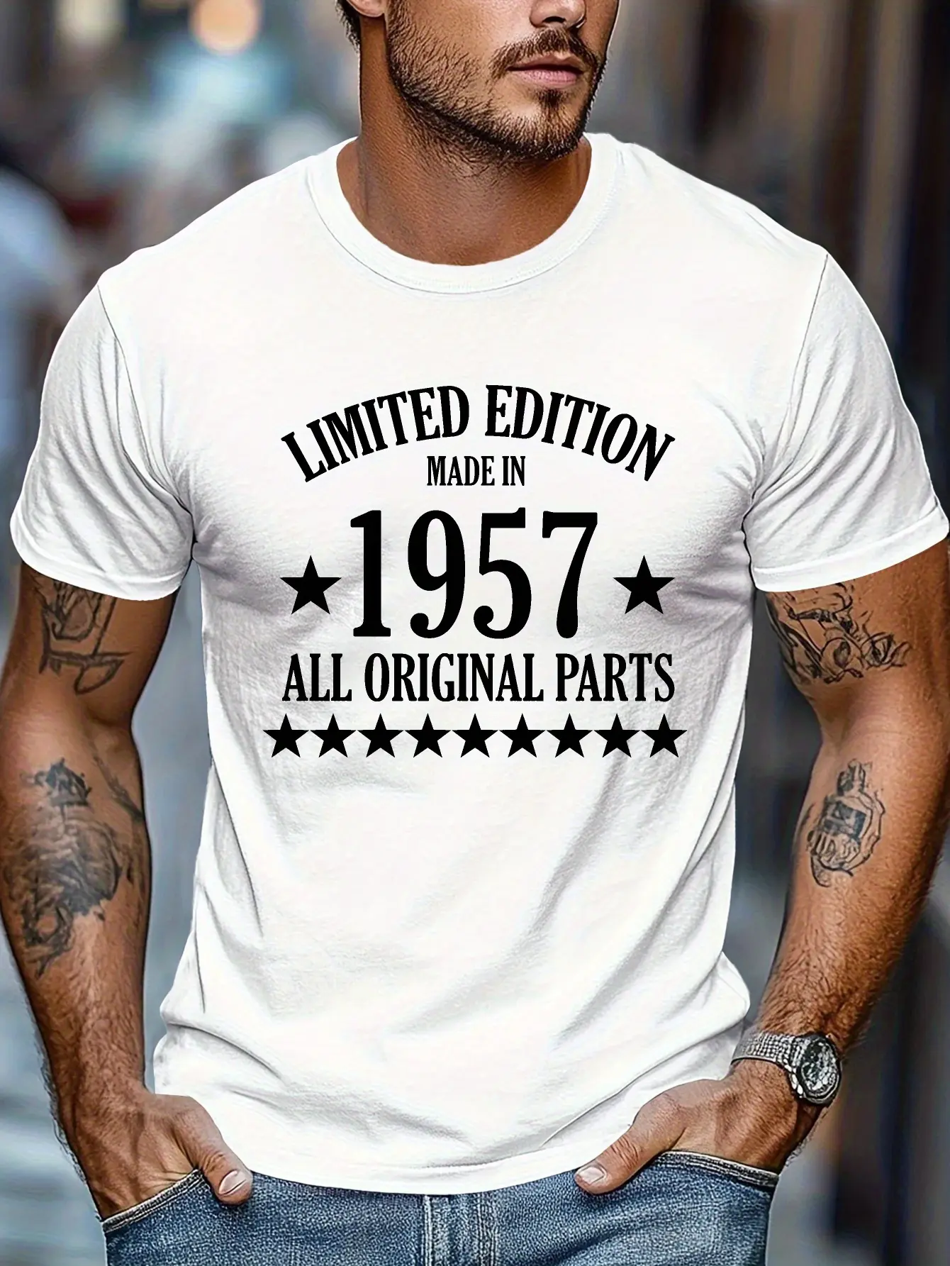 Men's Limited Edition 1957 All-Original Parts Print Cotton T-Shirt - Classic Streetwear, Short-Sleeve, Vintage Birthday Aesthetic, Soft Loose Fit, Casual Daily Wear, Funny Birthday Gift, Shortsleeve
