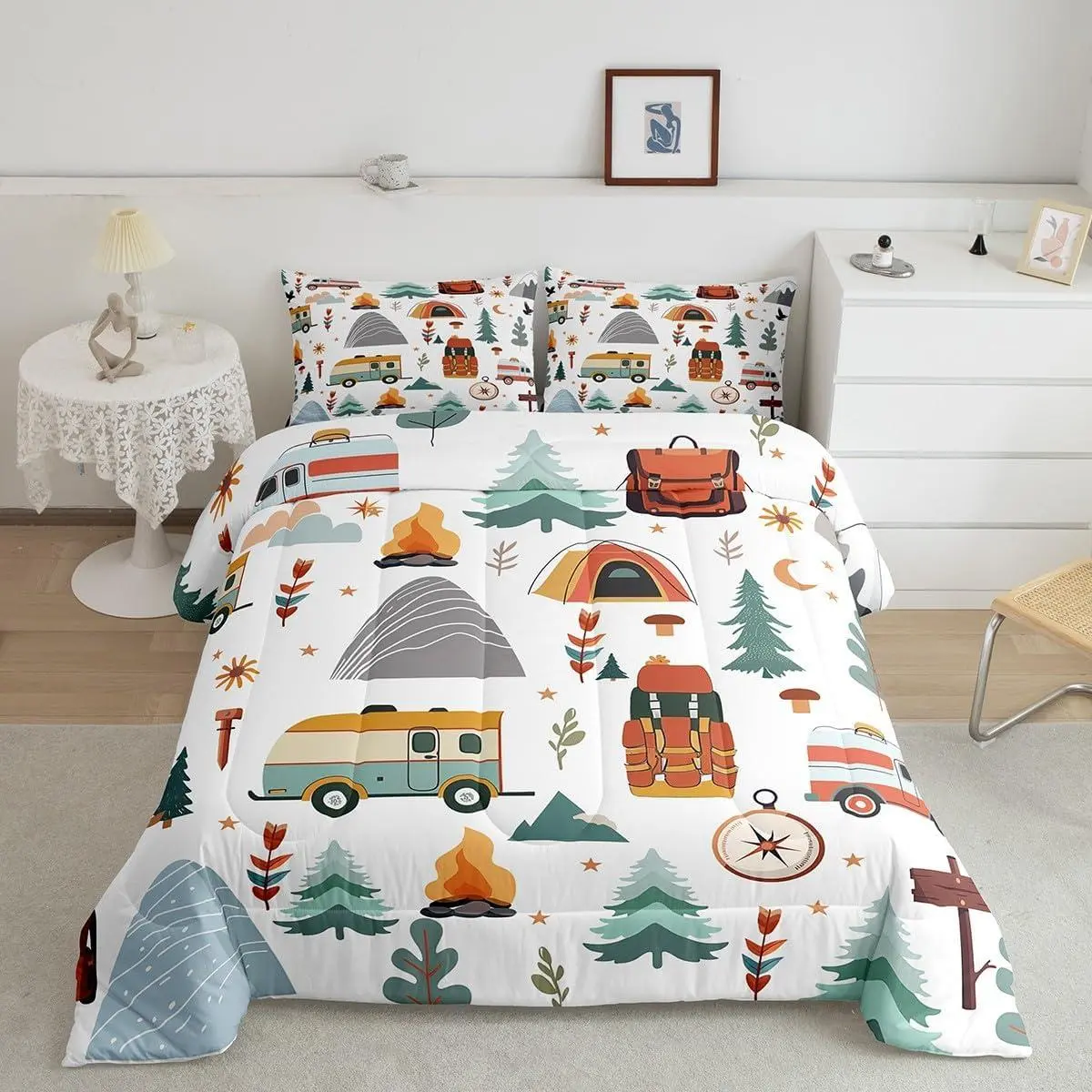 Happy Camping Comforter Set for Kids Boys Girls Outdoor Travel Bedding Set Ultra Soft Travel Bag Tent Compass Print Duvet Quilt Camping Gifts Comforter Travel Trailers Themed