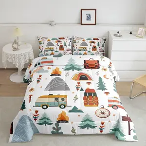Happy Camping Comforter Set for Kids Boys Girls Outdoor Travel Bedding Set Ultra Soft Travel Bag Tent Compass Print Duvet Quilt Camping Gifts Comforter Travel Trailers Themed
