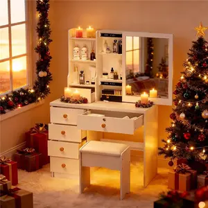 Arrive Before Christmas Vanity Desk with Sliding Mirror Makeup Vanity with Extra Hidden Storage 6 Drawers Open Shelves Dressing Table for Bedroom Small Vanity Desk No Lights