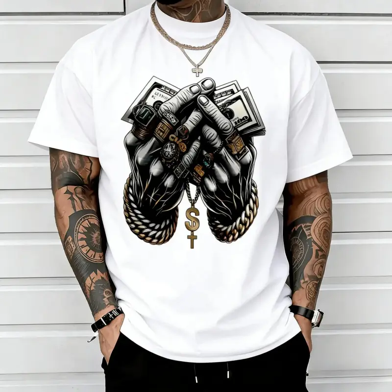 Men's Casual Cotton T-Shirt - Short-Sleeve Round Neck Comfort-Fit Unisex Fit, Casual Wear Sports Top with Trendy Dollar & Rings Printed Graphic Digital Print Bold Graphic Style with Simple Lines, Soft Classic Streetwear
