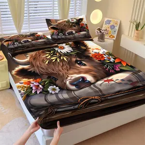 3-Piece Cute Highland Cow with Flowers Fitted Sheet Set, 1 Fitted Sheet + 2 Pillowcases, Soft Breathable Fabric, Non-Slip Mattress Cover, Floral Cow Bedding, Ideal for Farmhouse Bedroom, Country Home Decor or Gift