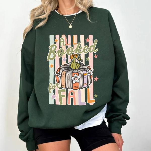 Retro Fall Book Pumpkin Sweatshirt, All Booked for Fall Graphic, Cozy Unisex Crewneck for Book Lovers