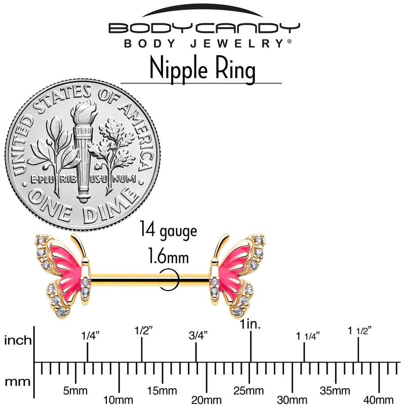 14G 9/16 Clear CZ Gem Gold Tone Butterfly Pink Splash Barbell Nipple Ring Set