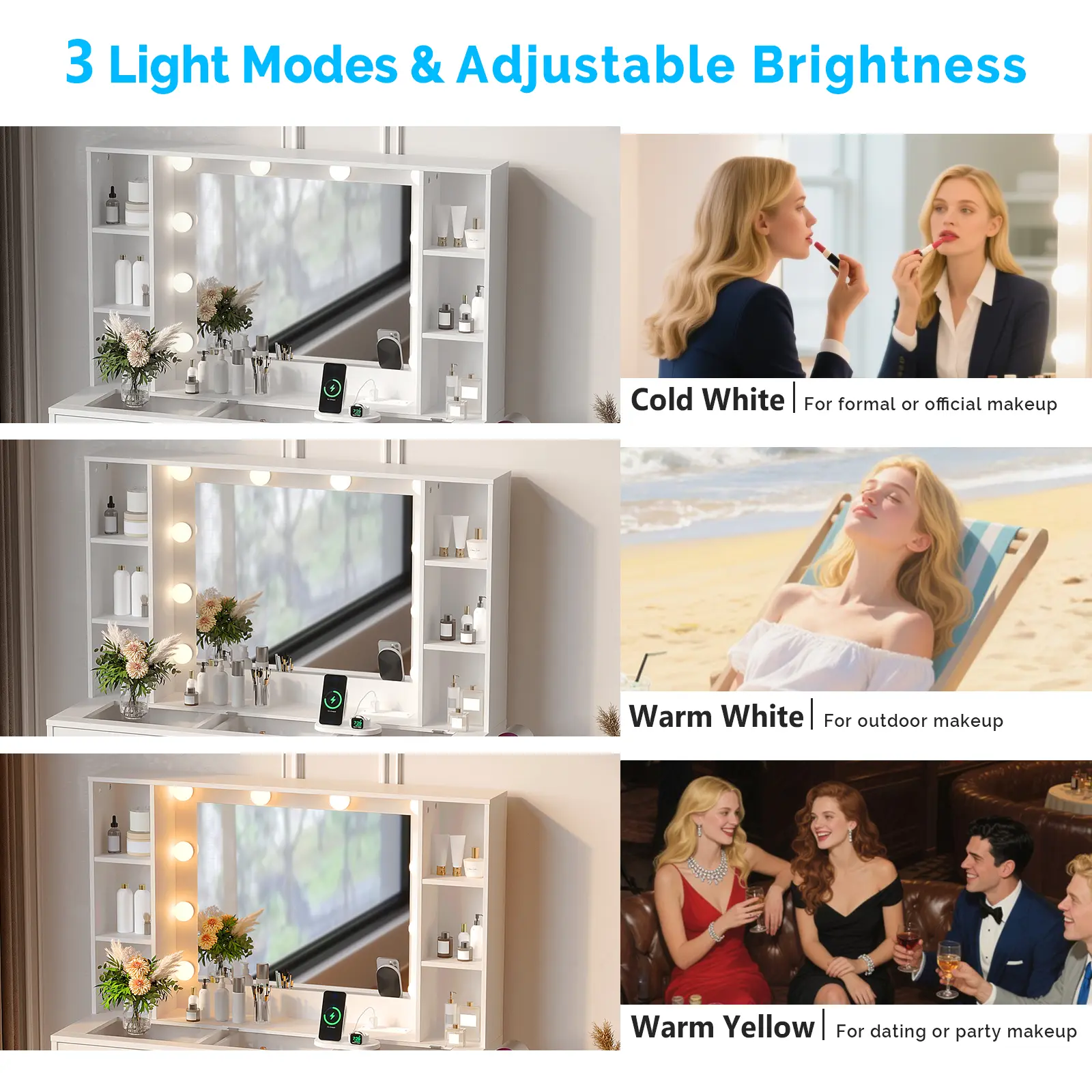 Ktaxon Vanity Table with RGB Lights & 3-Tone Dimmable Bulbs - Glass Top Dresser with 3 Drawers, 2 Glass Doors & 2 Side Shelves | Built-in Power Strip, Hair Dryer Holder Ktaxon Vanity Table with RGB Lights & 3-Tone Dimmable Bulbs - Glass Top Dresser with 3 Drawers, 2 Glass Doors & 2 Side Shelves | Built-in Power Strip, Hair Dryer Holder