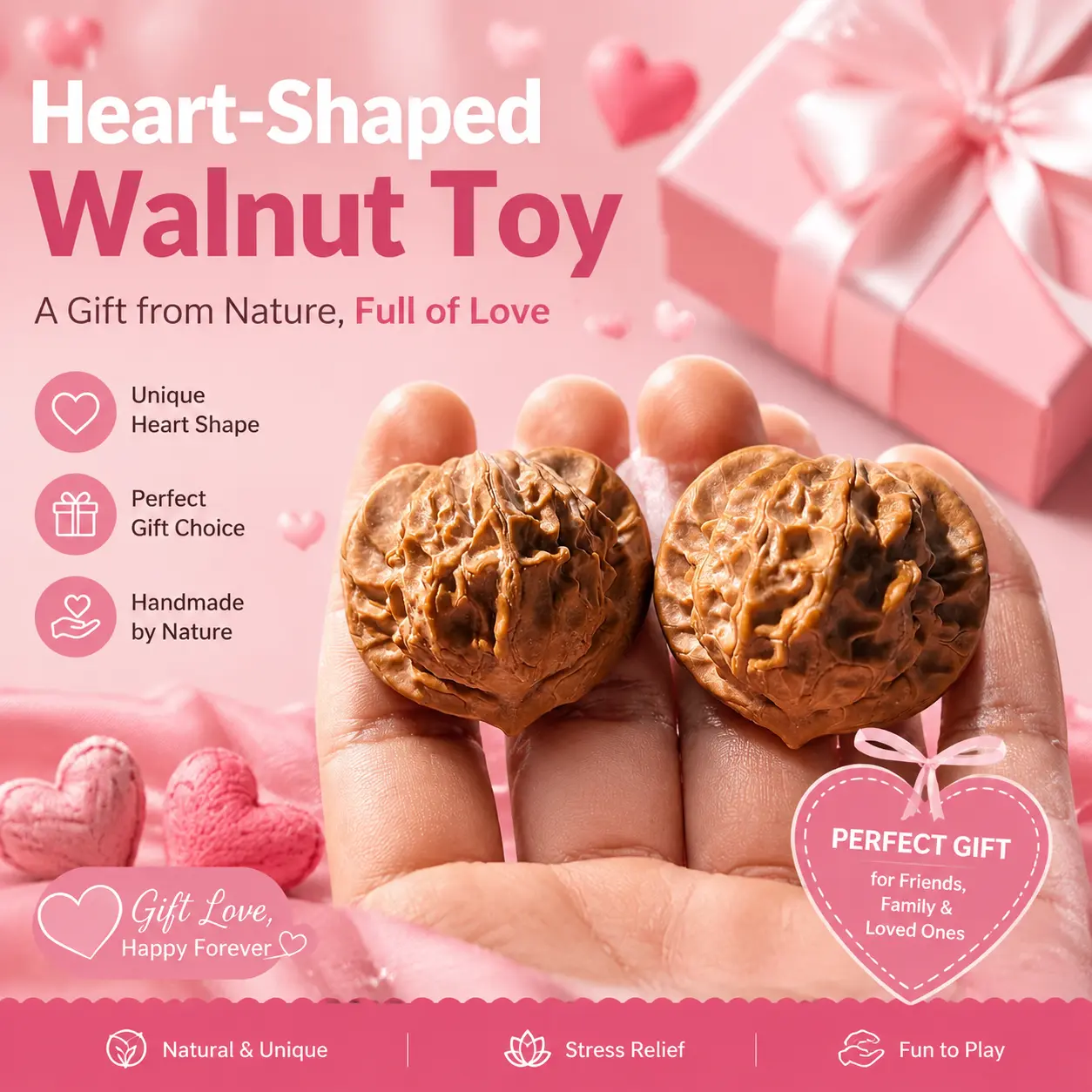 Traditional Glossy Color-Changing Palm Walnut Heart-Shaped Art Toy Kit, Stress Relief Gift-Worthy Beautiful Gift Box Set for Close Loved Ones