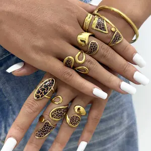 1pc 18K Gold Plated Leopard Pattern Geometric Open Ring for Women, Stainless Steel Adjustable Stackable Trendy Aesthetic Statement Jewelry, Vintage Chic Fashion Birthday Party Festival Gift for Girlfriend Wife Bestie