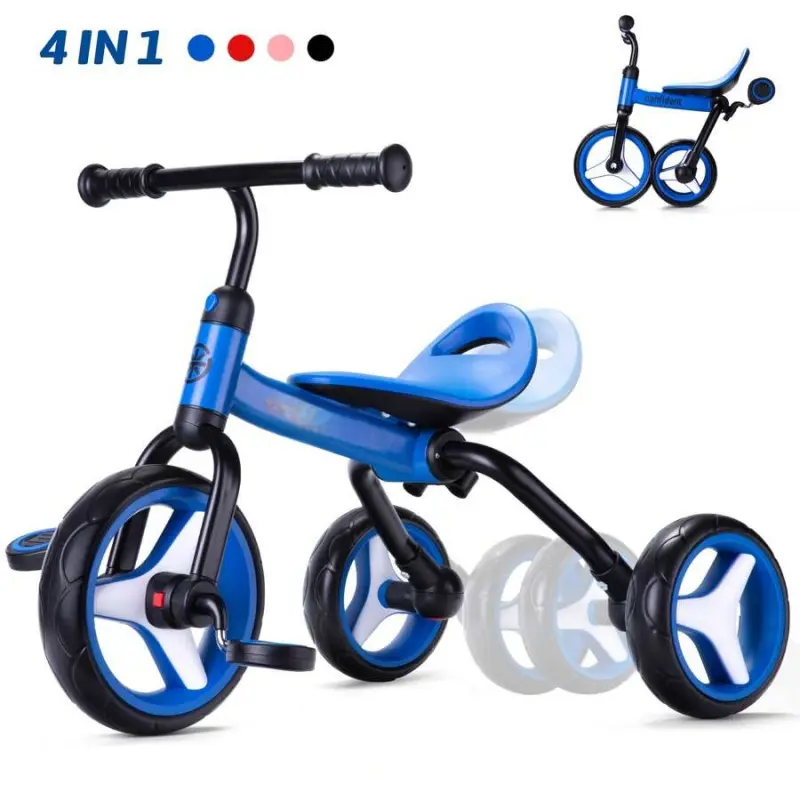 4-in-1 Toddler Tricycle, Sturdy and Foldable Carbon Steel Ride-On Toy for Kids 2-5 Years, Pink Unisex Convertible Bike with Adjustable Seat and Removable Pedals, Children's Day, Birthdays