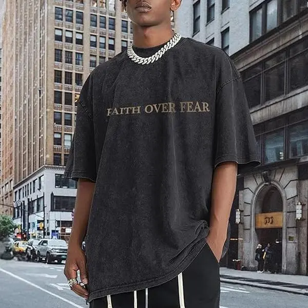 Holafish FAITH OVER FEAR Men's Oversized 230 High-quality Cotton Vintage Trendy Brand T-shirts,Short Sleeved Round Neck T-shirt,Acid Wash Summer Tees summervibes