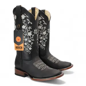 Women’s Square Toe Western Boots Black Genuine Leather Embroidered 12” Shaft – H22M2605
