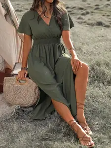 Plus Size Olive Solid Wrap Dress, V Neck Short Sleeve High Waist Side Slit Casual Summer Women's Dress, Comfortable and Stylish