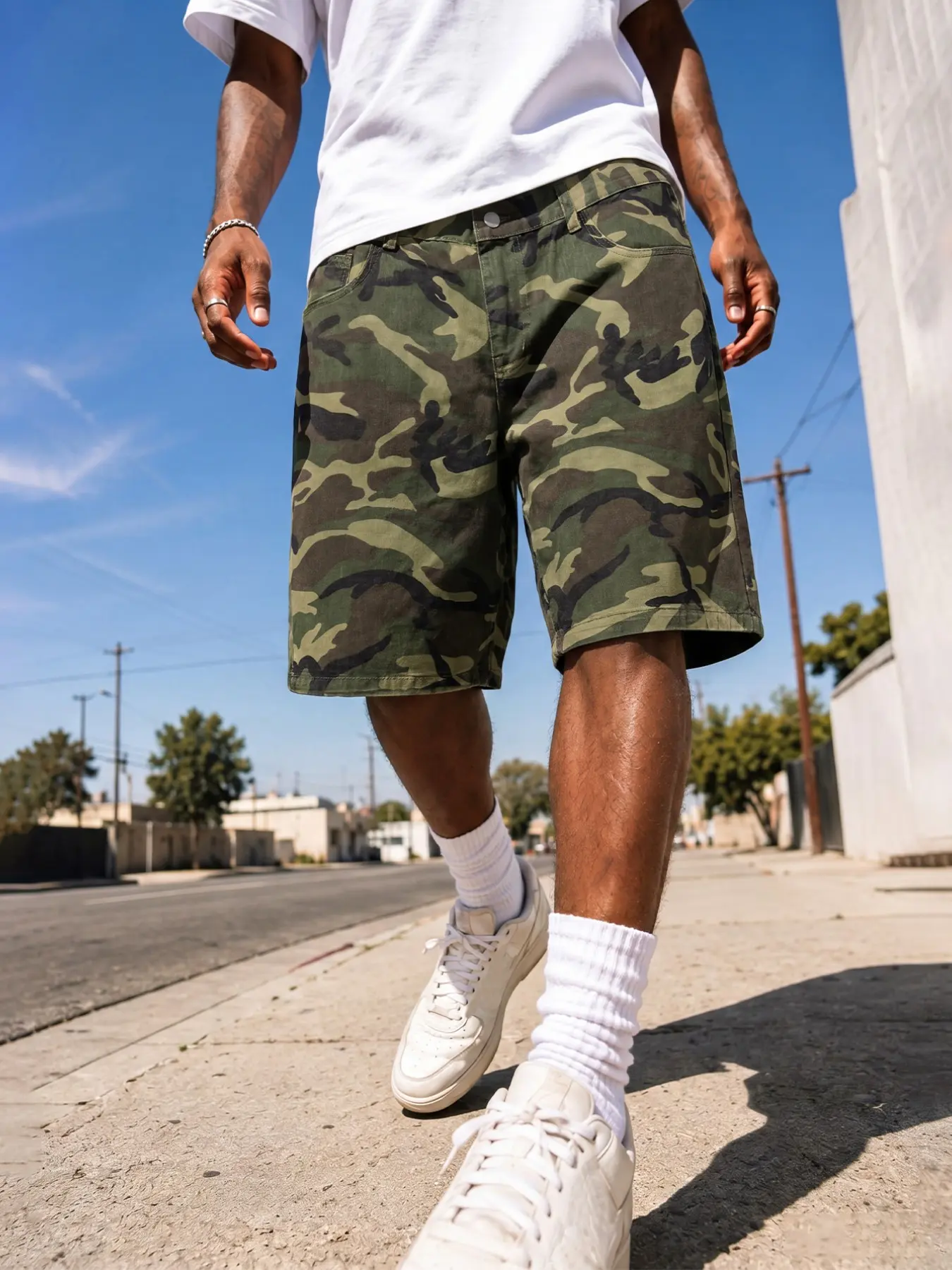 Men's Black Camouflage Printed Denim Shorts, S Fits W32, Tag Size S-W32 to XXL-W40, Non-Stretch Trendy Streetwear Summer Casual Street Style Shorts