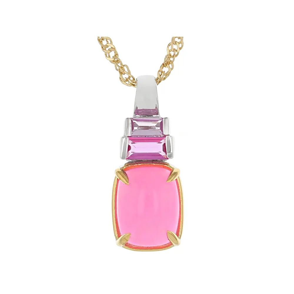 JTV Pink Ethiopian Opal with Pink Lab Sapphire Rhodium & 18K Yellow Gold Over Silver Pendant 1.58ctw
