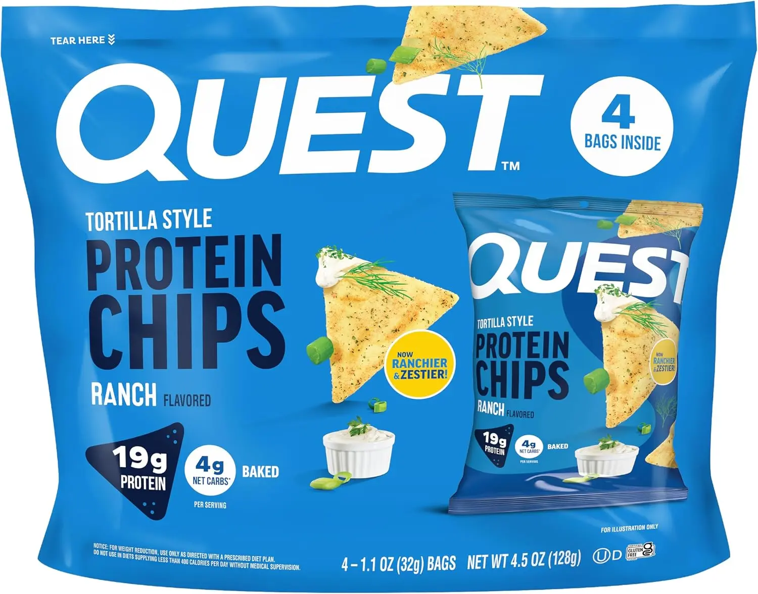 HOT 2026 !!! Quest Nutrition Ranch Tortilla Style Protein Chips, 4 Count | 19g Protein, 4g Net Carbs, Gluten Free, Baked Chips, Zesty Ranch Flavor, Individually Wrapped 1.1oz Bags