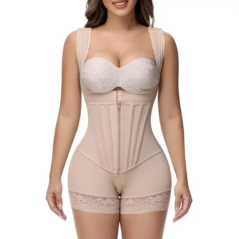 Women's Nylon Spandex Shapewear Bodysuit - Open-Bust, 4 Steel Bones, Adjustable Abdominal Compression, Tummy Control Belly Binder for Post Surgery, Under Dress, Sport Use Body Shaper Belt Womenswear Curve Hugging Compression Basic