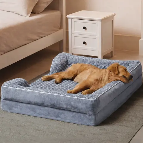 C-Shaped Large Dog Orthopedic Bed with Snap Memory Foam, Neck/Head Bolster, Self-Warming Layer, Waterproof Liner, Cooling Lining, Non-Slip Base, Rose Plush Zip-Off Cover, Joint Support, Anxiety Reduction, Washable Durable Sofa Bed for Summer Pet Comfort