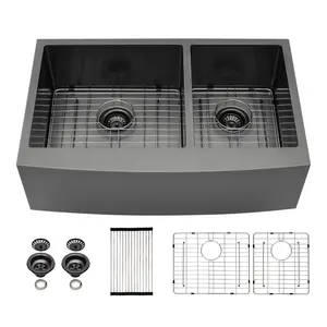 Sarlai 33 x 21 Inch Gunmetal Black Farmhouse Undermount Kitchen Sink 60/40 Double Bowl  Undermount Kitchen Sink 16 Gauge Stainless Steel Sink