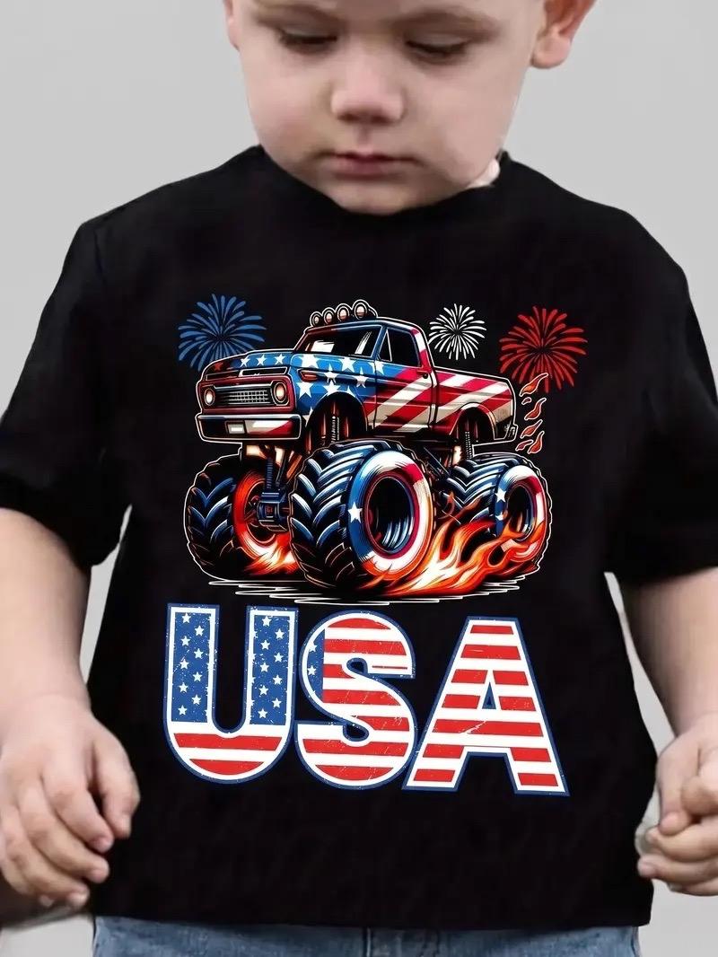 Boys USA Monster Truck 4th of July Graphic T-Shirt, Soft Cotton Short Sleeve Tee, Patriotic American Flag & Fireworks Casual Top Apparel Made In The USA