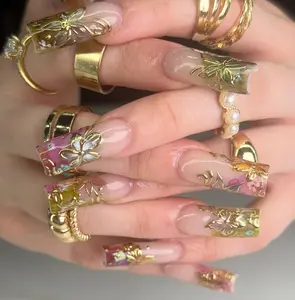 Emily Nails | Vintage Garden Press On Nails  Olive Pink Gold Floral Long Square Fake Nails Reusable