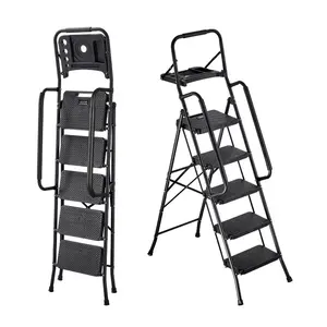 VEVOR 5 Step Ladder, Folding Step Stool with Wide Anti-Slip Pedal, Tool Tray, Dual Side Handrails, 600 lbs Capacity Portable Steel Ladder, Multi-Use for Kitchen, Home, Household and Office, Black