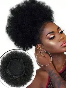 10 Inch African Curled Drawstring Ponytail Wig, Clip-In Afro Hair Bun for Women & Girls, Natural, Halloween Christmas Party Wear, Ponytail Extensions