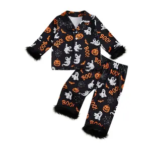 Toddler Baby Boy Girl Halloween Pajamas Feather Pumpkin Ghost Print Long Sleeve Button Shirt Pants Silk Pjs Set Nightgown