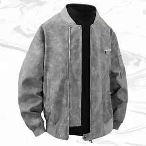 A men's baseball collar leather jacket with a retro casual style, giving off a stable and versatile vibe. Baseball collar design classic retro, adding a casual and relaxed atmosphere. The zipper opening and closing method is convenient to put on and take