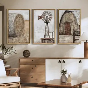 Farmhouse Wall Art 11x14in3pcs Brown Framed Vintage Rustic Windmill Barn Cornfield Pictures Painting Landscape Countryside Rural Canvas Artwork Home Decor Ready to Hang