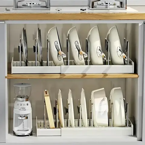 Under-Cabinet Pots and Pans Organizer with 201 Stainless Rods, Removable Dividers, 10 Adjustable Compartments, Kitchenware Storage for Lids, Frying Pans, Cookware (1 Pc)