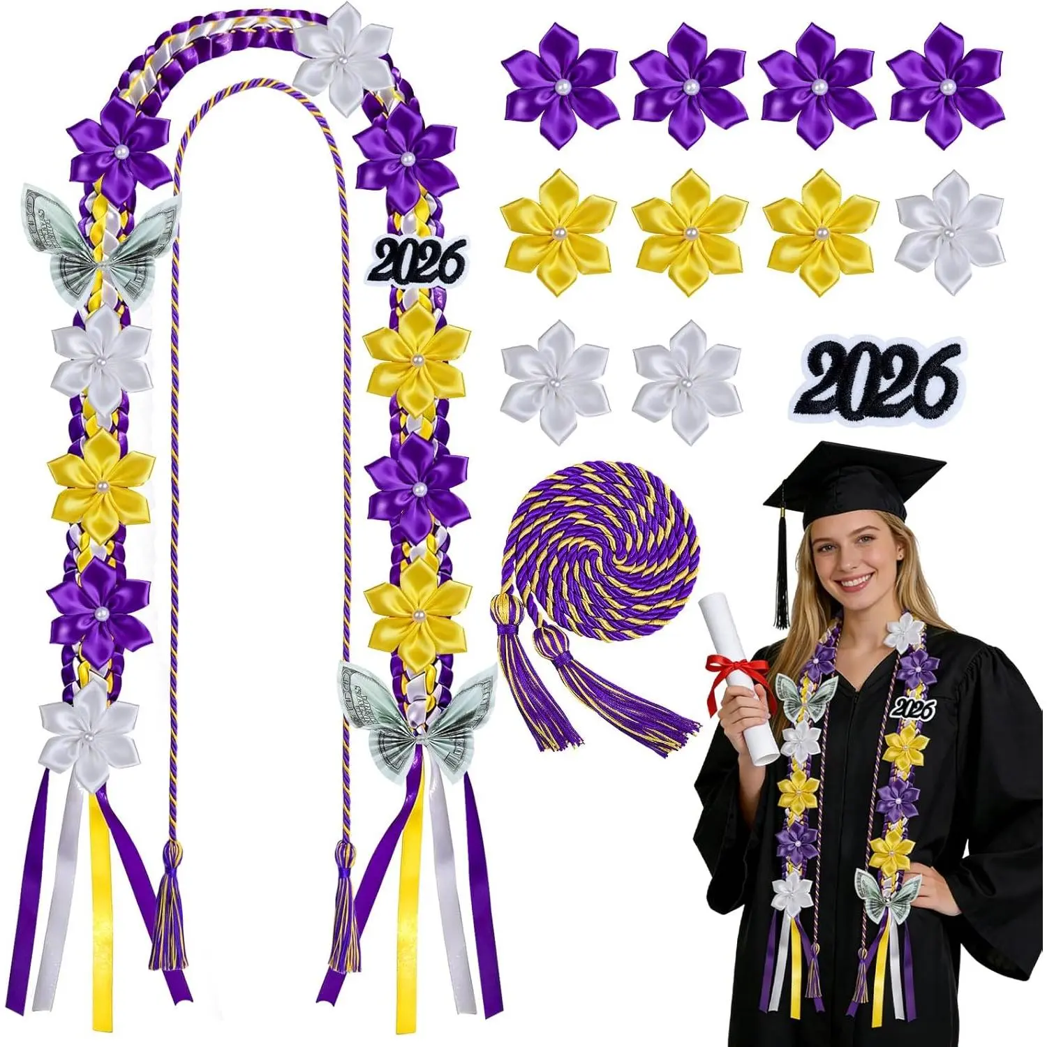 Class of 2026 Graduation Lei DIY Kit, Double-Braided Glossy Satin Ribbon with Pearl Flowers, Hawaiian Style Custom Graduation Gift for Sons, Purple Gold, Adjustable Pins, 48" Cord, Ceremony Accessory, Decoration, Set