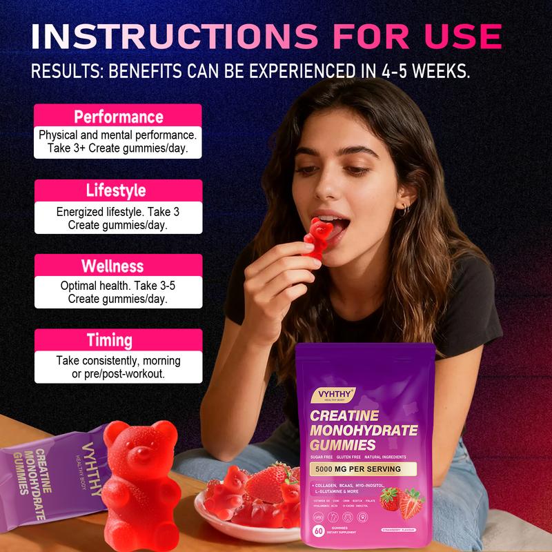 VYHTHY High Potency Creatine Gummies with Collagen, BCAAs, Inositol & L-Glutamine – Strength, Endurance & Recovery Support for Men & Women