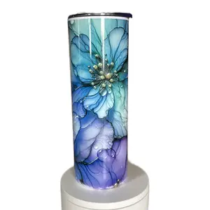 20 Ounce Sublimation Tumbler with Blue Floral Design and No Additional Features