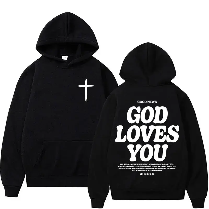 God Loves You John 3 16 Christian Core Hoodie Good News Cross Graphic Pullover Gospel Streetwear Faith Boxy Fit Black Sweatshirt Y2K Aesthetic Unisex Top