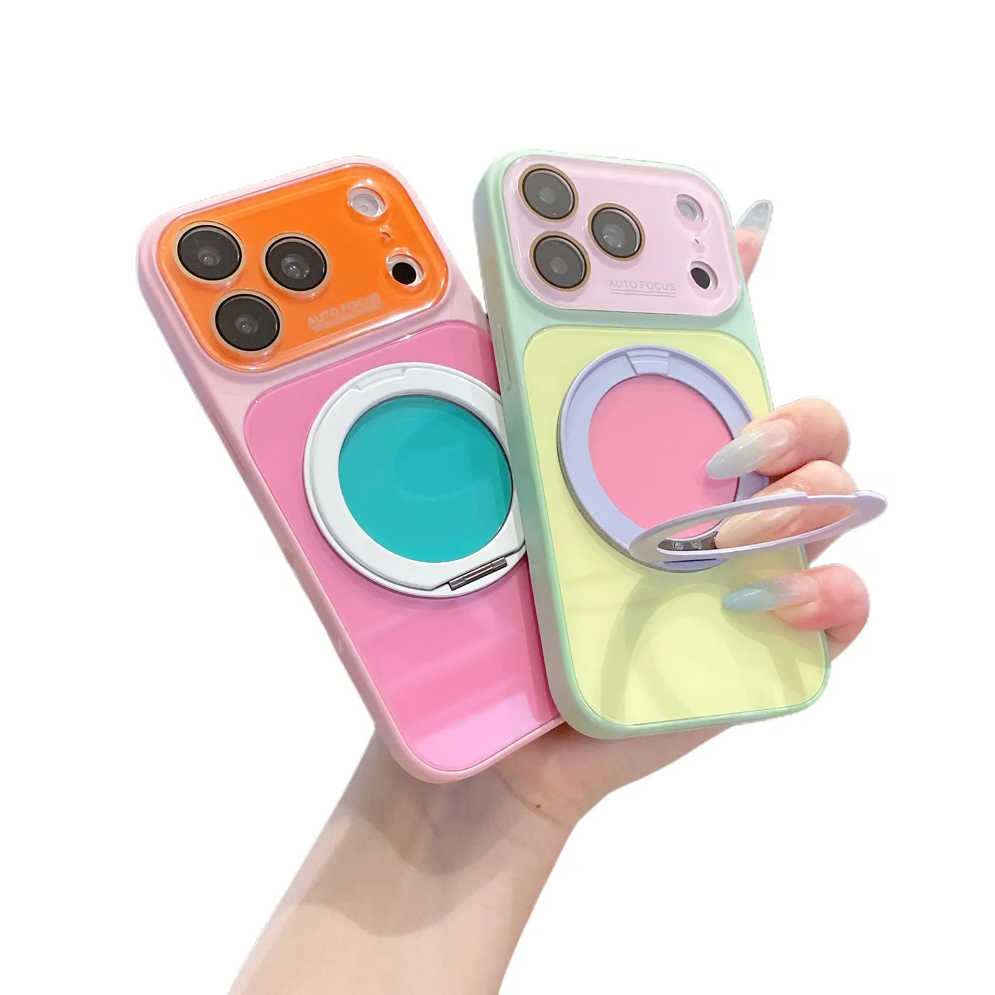 Luxury Magnetic Mirror Phone Case with 360-Degree Rotating Camera Ring Stand, Glossy Candy Color Shockproof Protection Cover for iPhone Series (17 Pro Max,16,15,14,13) - Ideal Birthday Gift Phone Accessories Magnetic Cellphone Cover Aqua Blue