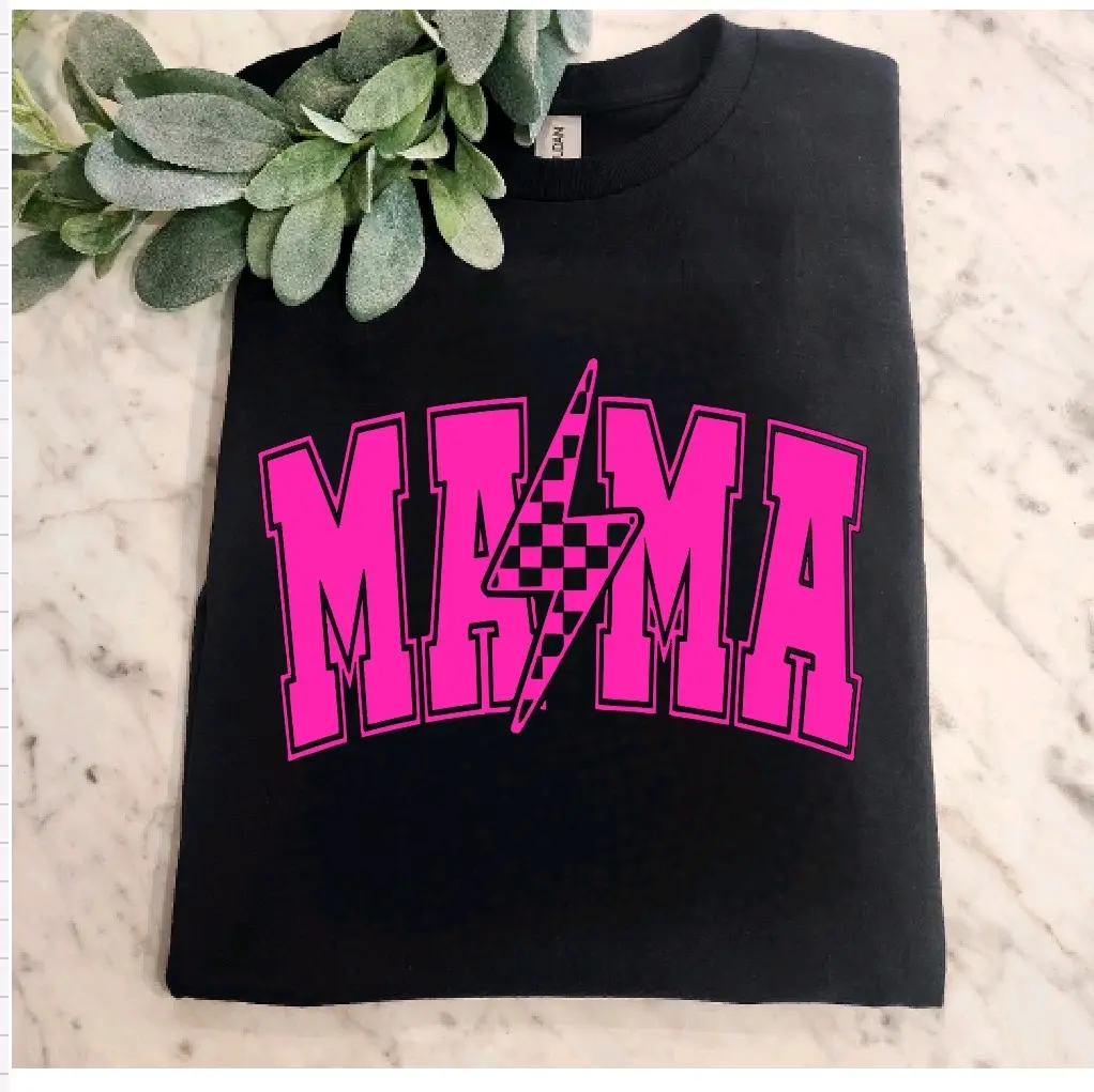 mama shirt retro checkered lightening bolt cute popular trendy mom black and pink short sleeve T-Shirt