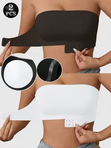 2pcs Sexy Strapless Bra, Seamless Invisible Push-Up Bra Set, 2pcs Front Closure Bandeau Top, Wireless Wedding Bra, Breathable Lingerie Underwear