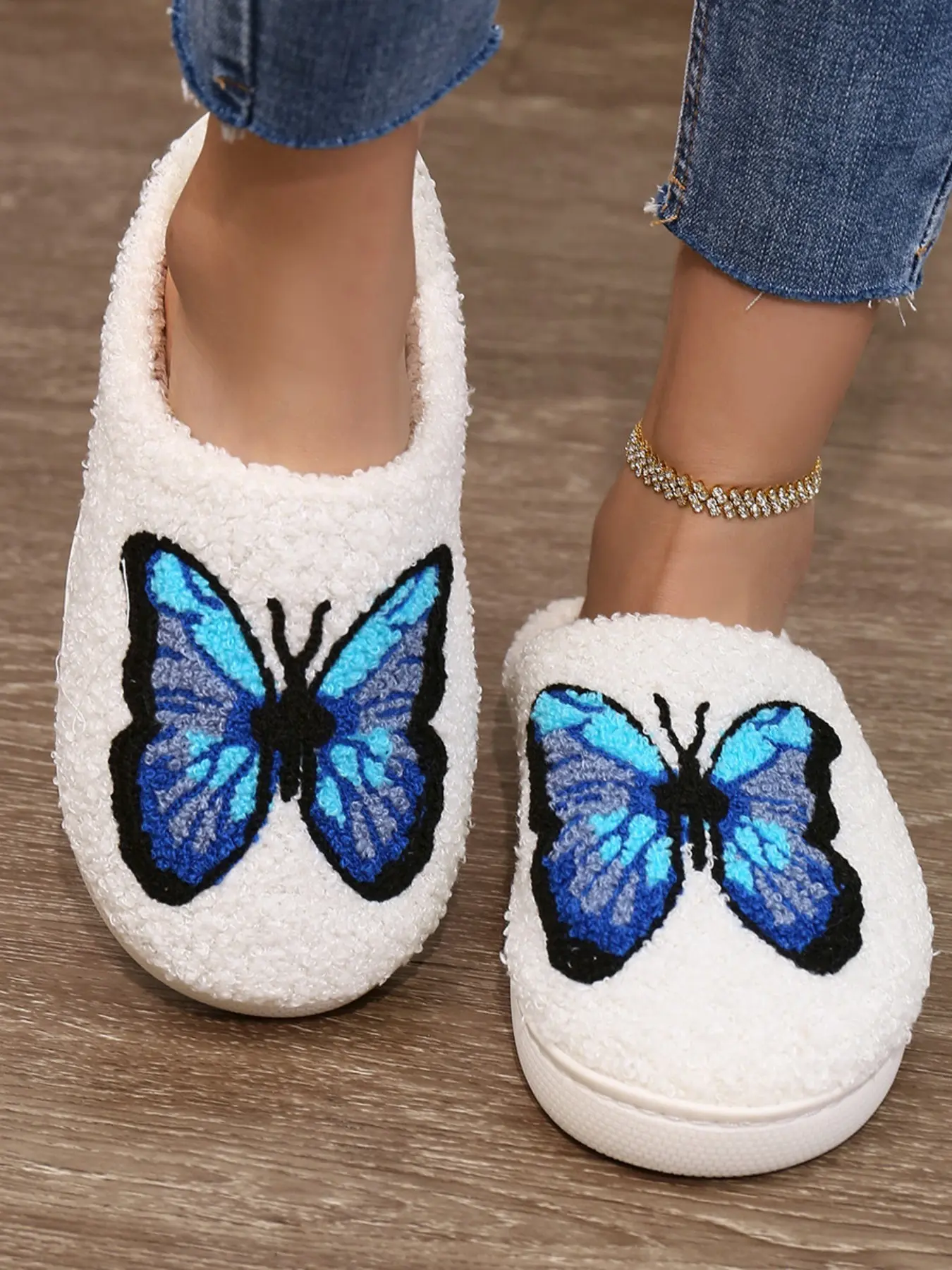 Women's Dreamy Blue Butterfly Plush Trendy Casual Slippers, Soft Teddy Fabric, Bright Blue Morpho Embroidery, Thick Lined, Non-Slip Sole, Winter Comfort, Footwear