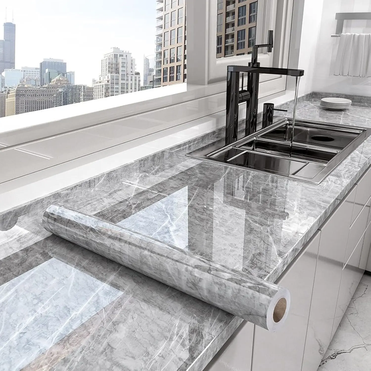 Dark Contact Paper Peel & Stick Wallpaper, Marble Look Removable Wallpaper, Self Adhesive Backsplash for Kitchen Cabinets
