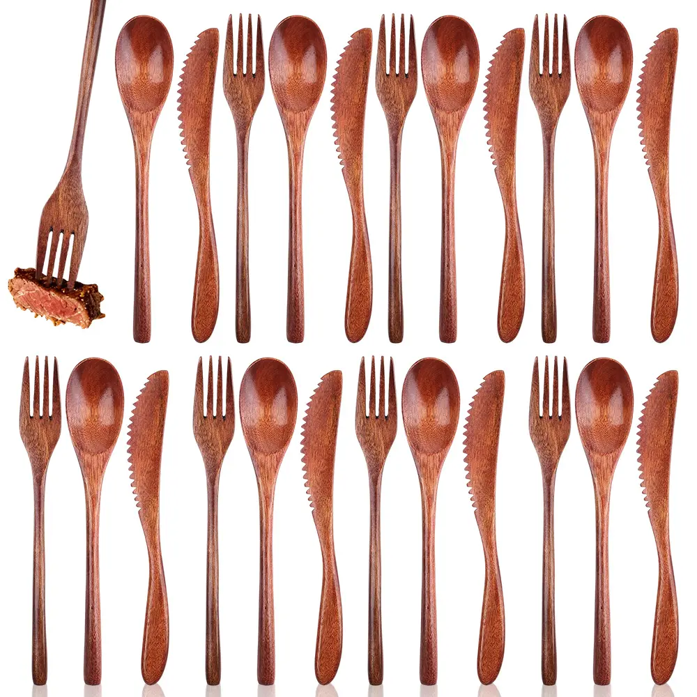 6/10/24-Piece Handmade Wooden Cutlery Set, Natural Reusable Flatware with Spoons, Forks, Knives, Eco-Friendly Kitchen Tableware, Ideal for Cooking, Daily Dining, Home Supplies & Father's Day Gift