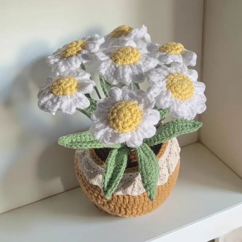 Crochet Daisy Bouquet in Pot Home Decor, Personalized Gifts for Her, Handmade Gift for Nurse Home, Getting Well, Desk Chamomile Arrangement