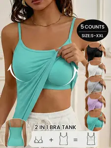 Camisole Tops for Women's Built in Bra,Sleeveless Adjustable Strap Soft Stretch Basic Undershirt Tanks,Seamless Layering Tops,Casual Yoga Daily Wear,All Seasons
