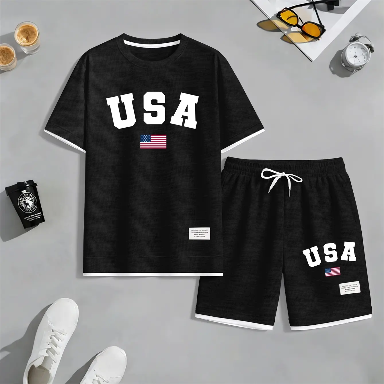 Men's USA Print Waffle Fabric Short-Sleeved Shirt And Shorts Set