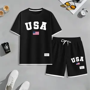 Men's USA Print Waffle Fabric Short-Sleeved Shirt And Shorts Set