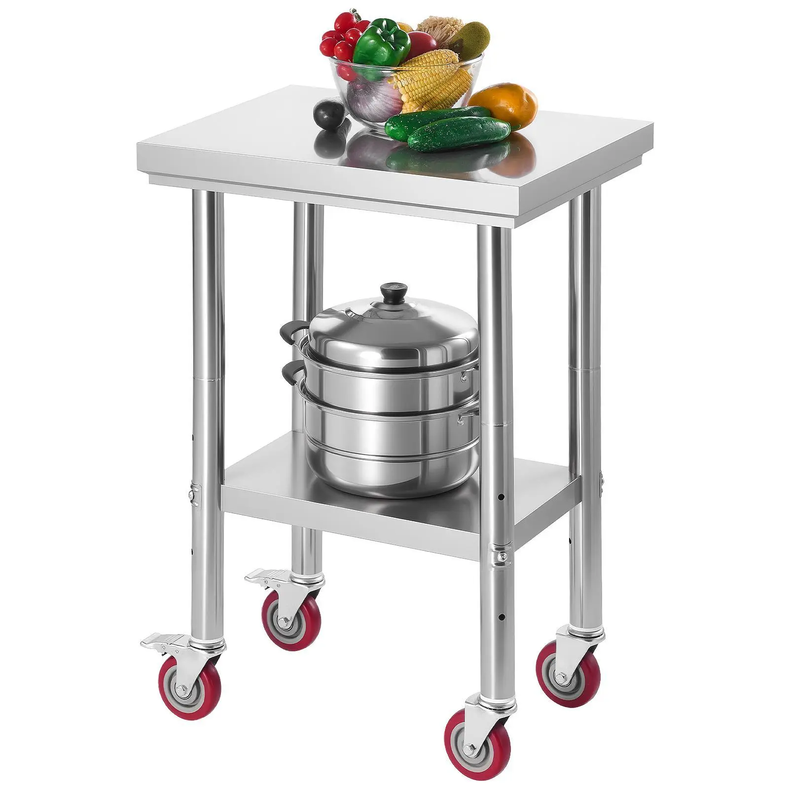 【SummerFinds】VEVOR Metal Stainless Steel Food Prep Worktable, 24x18in Height Adjustable Undershelf Table with Wheels, Commercial Kitchen & Garage Workstations, Height Adjustable Tables & Desks