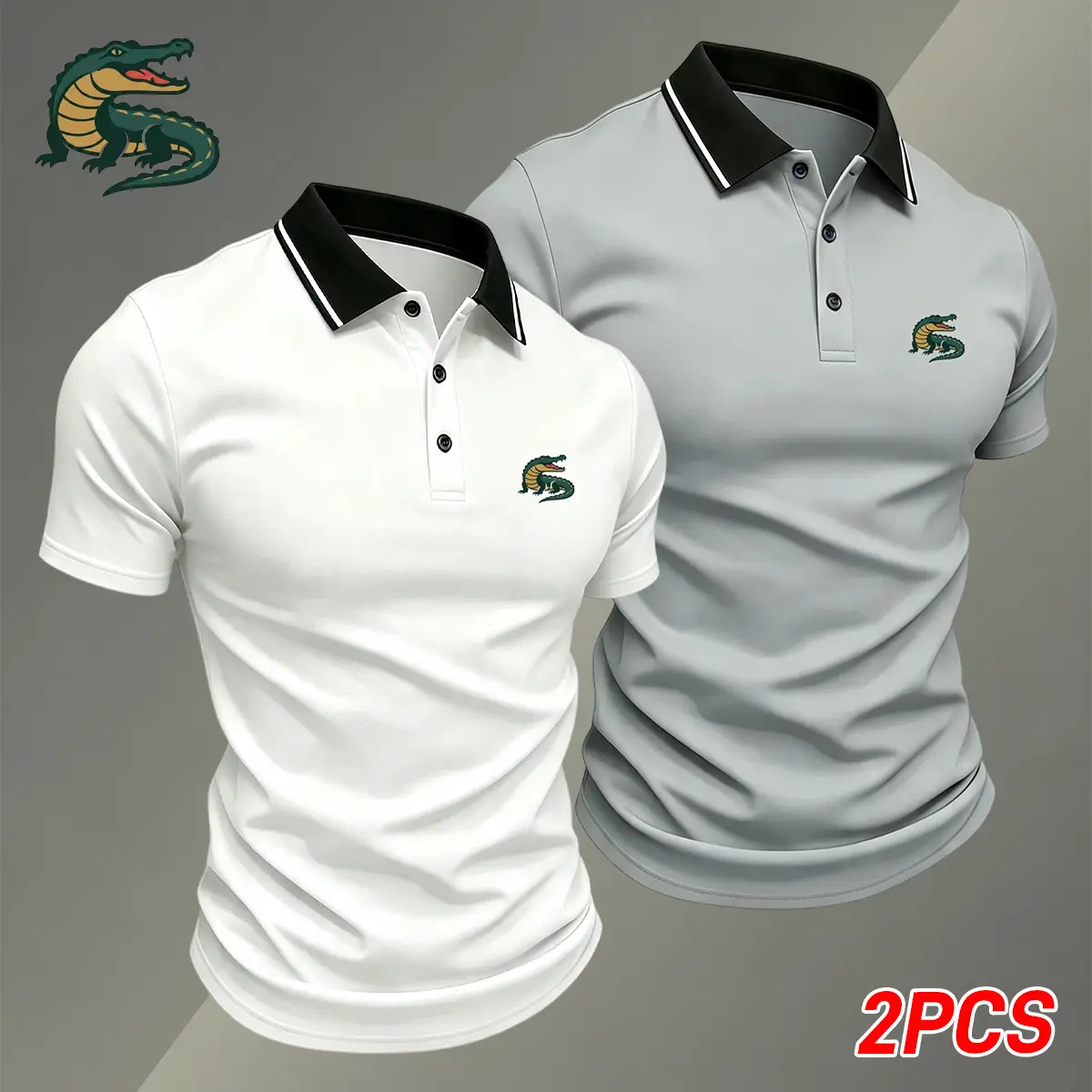 Men’s two-pack solid-color summer polo shirt with a collar, breathable quick-dry casual golf shirt, lightweight and stretchy, suitable for summer office wear, featuring an alligator print, comfortable fit short-sleeve top.