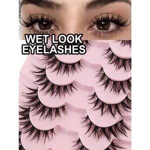 7 Pairs Cartoon Eyelashes Wet Look Makeup Manga Lashes Anime False Eyelashes Natural Look Fake Lashes Wet Wispy Eyelashes Extension Makeup Tool Soft Faux Mink Lashes Fashion Thick Extension Set
