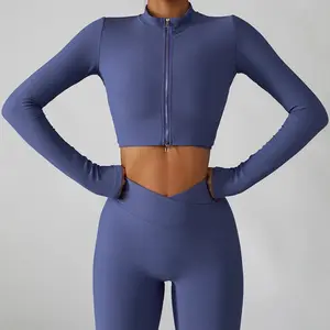 Quick-Drying Ribbed Athletic Crossover Set - Long Sleeve Crop Top & Cross Stomach Leggings