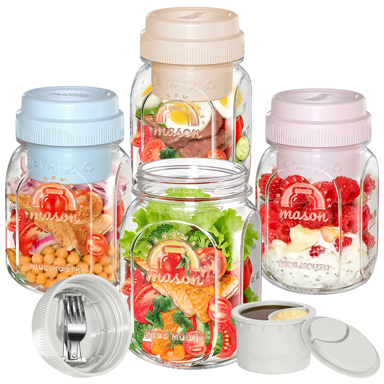Syntic 32 Oz Customized Food Grade Salad Jar Set, Glass Salad Container for Lunch, Salad Jars with Silicone Dressing Cup & Airtight Lid & Fork for Meal Prep, Wet/Dry Separation Divider for Salad Dressing and Dry Ingredients Mason Storage Jar