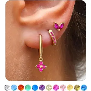 3 Pairs Dainty / Three Hole Birthstone Earrings Set for Multiple Piercing Non Tarnish 14k  Plated  Cartilage Small Hoop Stud Earrings Stacks Set for Women Birthday Gifts