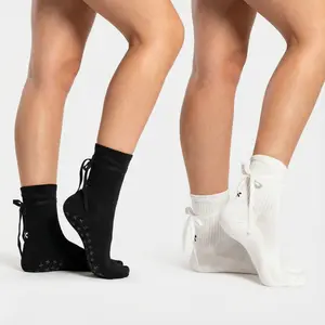 Kamo Fitness Pilates Socks with Grips for Women - Non-Slip Yoga, Barre Grip Sock - Grippy Cotton Crew Socks for Pilates, Yoga, Ballet, Reformer (Black & Ivory Contrast, One Size)